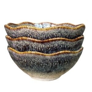 RiRiKu Ceramic Bowls Set of 3 Artisan Glaze Wavy Edge 5.59" Diameter 15oz NIB